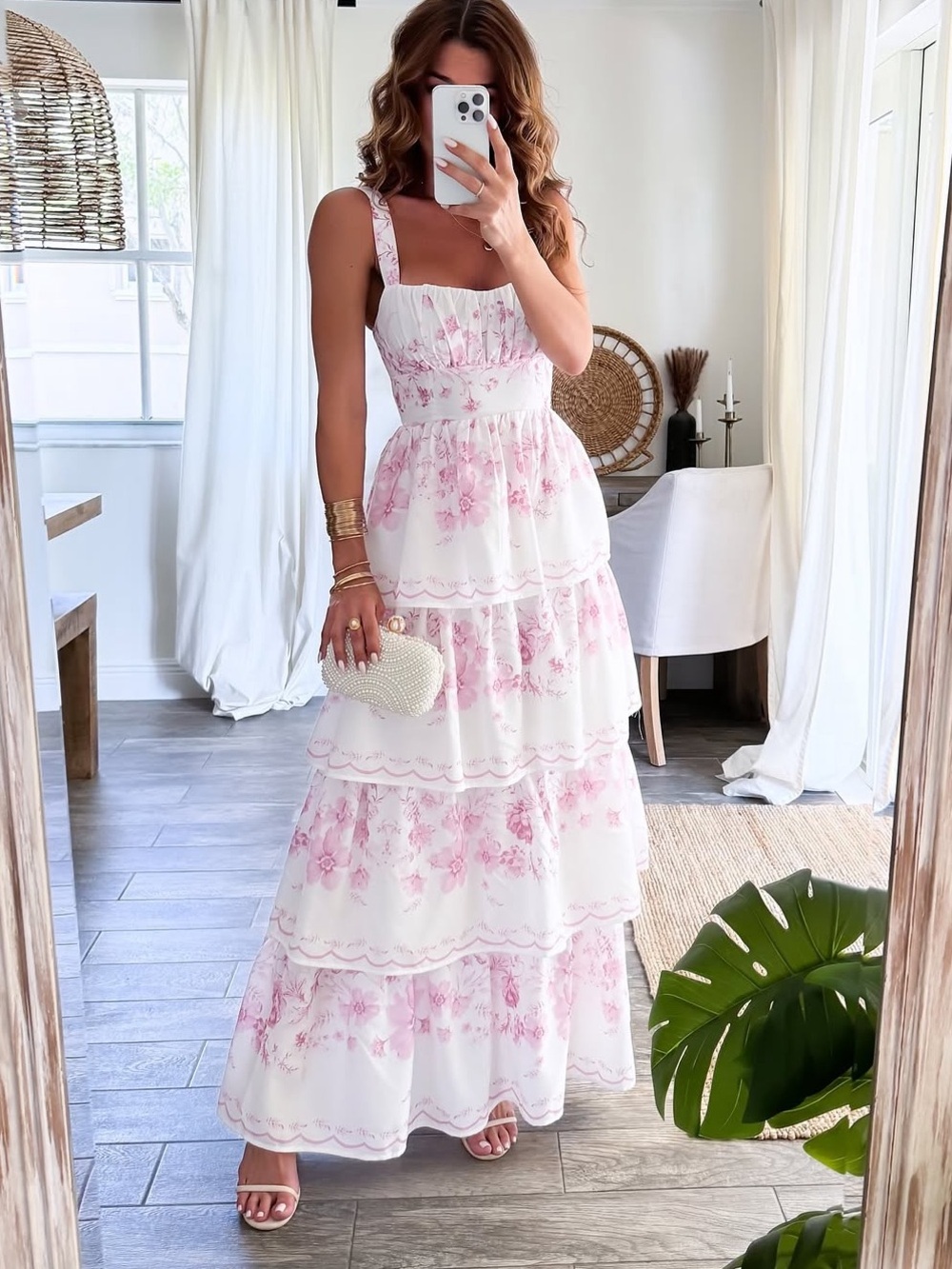 Pink Floral Tiered Maxi Dress